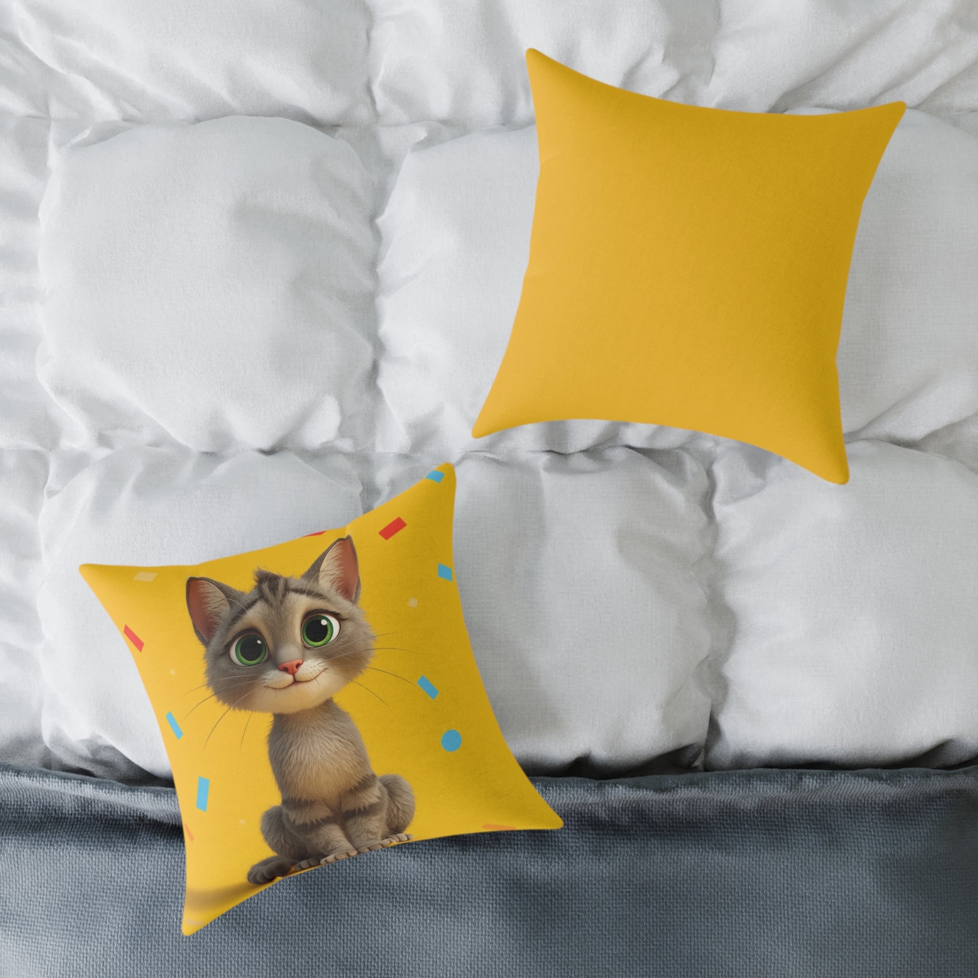 Cute Cat Square Pillow, Cozy Home Decor, Cat Lover Gift, Animal Cushion, Playful Yellow Pillow, Fun Pet Decoration