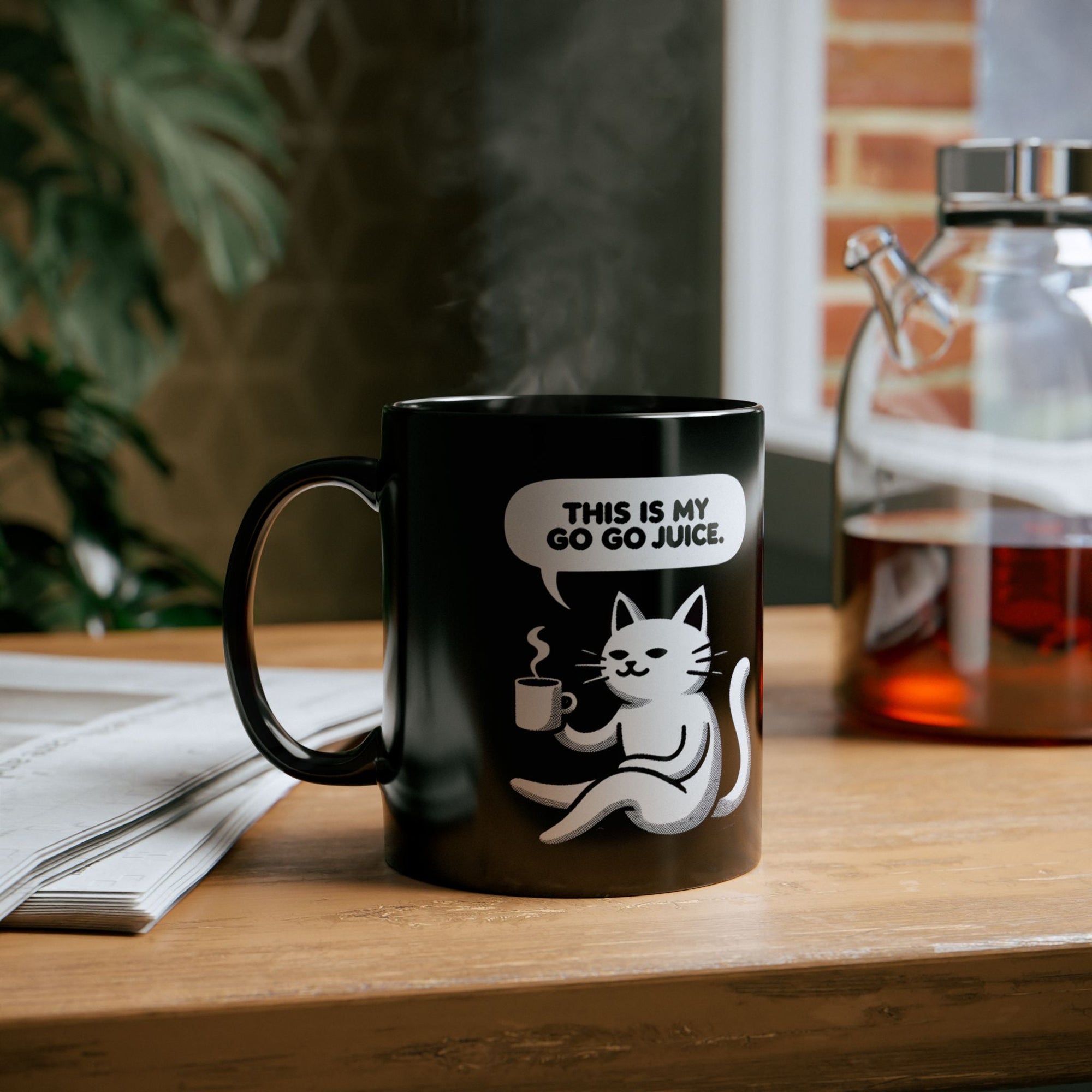 Whimsical Cat Coffee Mug, Cute Cat Mug, Funny Cat Gift, Black Mug, Go-Go Juice Coffee Cup Printify