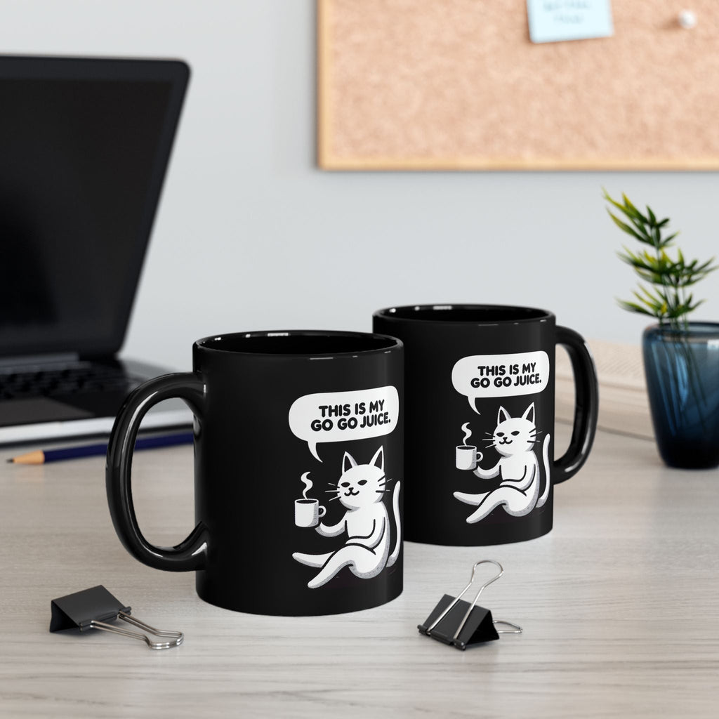 Whimsical Cat Coffee Mug, Cute Cat Mug, Funny Cat Gift, Black Mug, Go-Go Juice Coffee Cup Printify