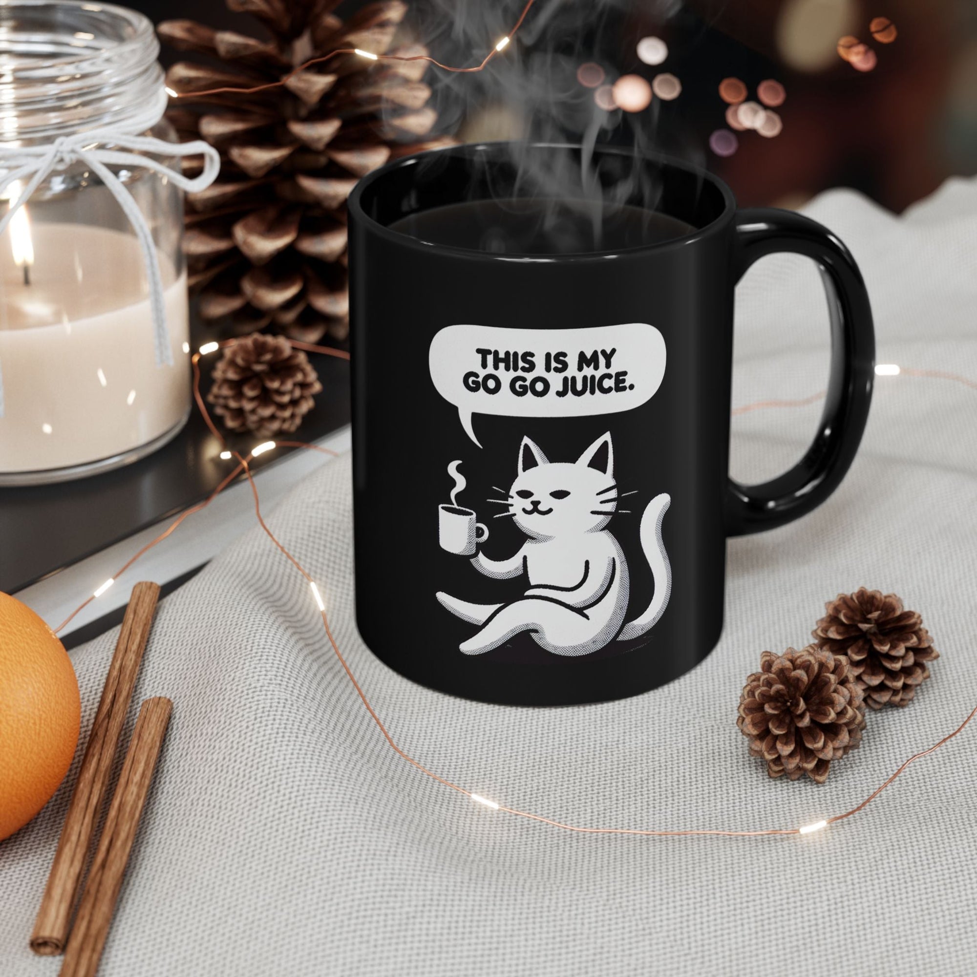 Whimsical Cat Coffee Mug, Cute Cat Mug, Funny Cat Gift, Black Mug, Go-Go Juice Coffee Cup Printify