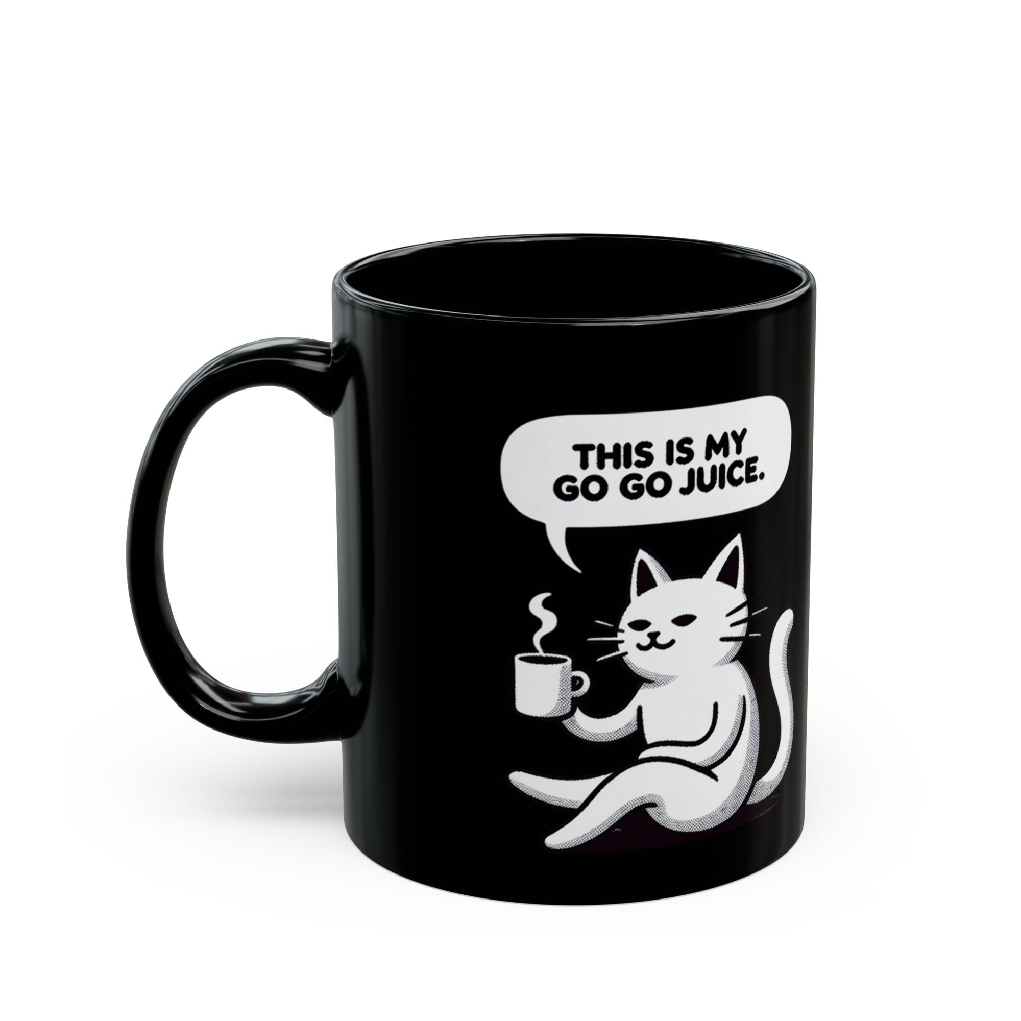 Whimsical Cat Coffee Mug, Cute Cat Mug, Funny Cat Gift, Black Mug, Go-Go Juice Coffee Cup Printify