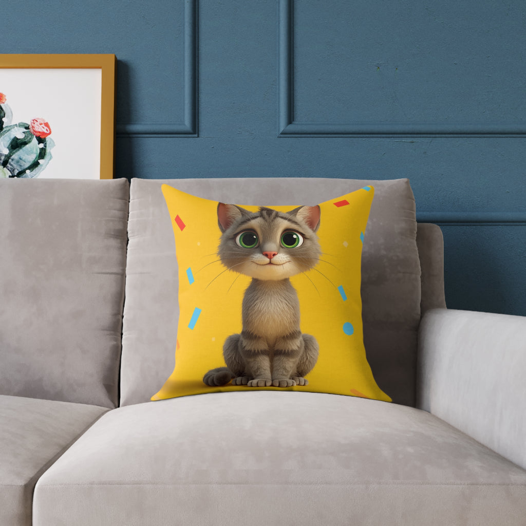 Cute Cat Square Pillow, Cozy Home Decor, Cat Lover Gift, Animal Cushion, Playful Yellow Pillow, Fun Pet Decoration