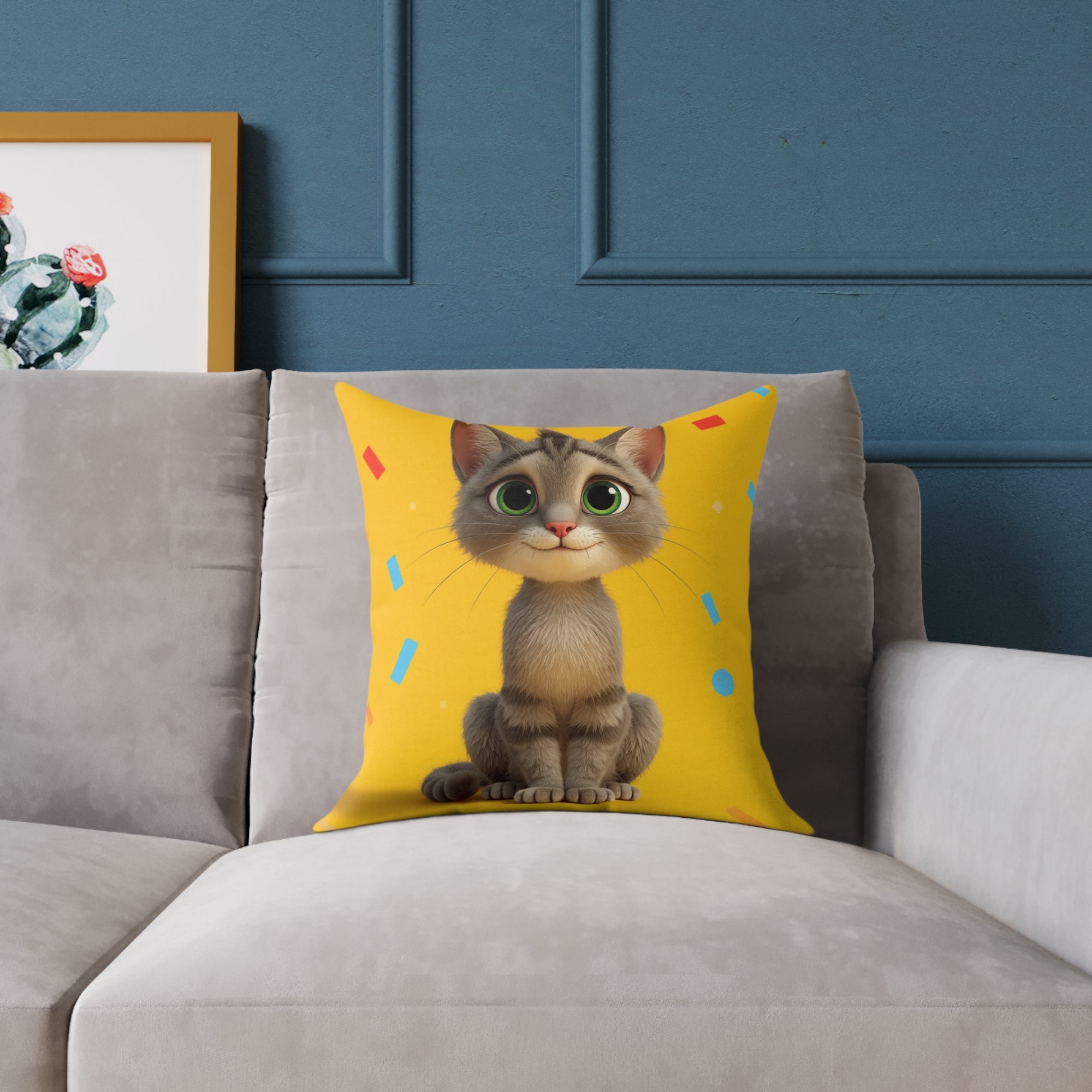 Cute Cat Square Pillow, Cozy Home Decor, Cat Lover Gift, Animal Cushion, Playful Yellow Pillow, Fun Pet Decoration