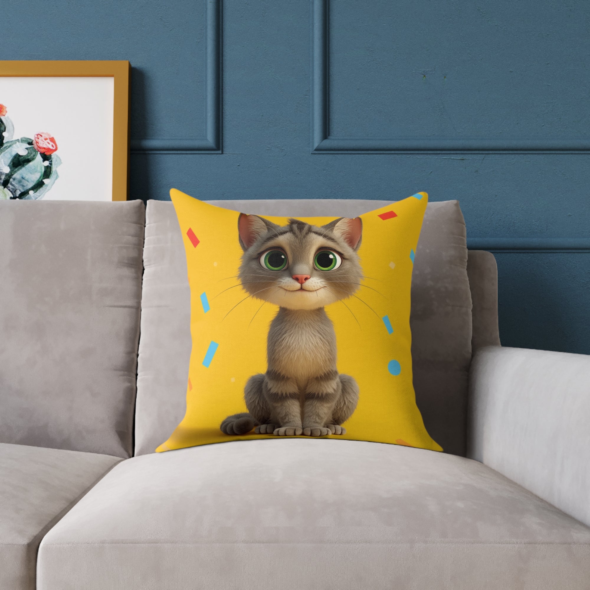 Cute Cat Square Pillow, Cozy Home Decor, Cat Lover Gift, Animal Cushion, Playful Yellow Pillow, Fun Pet Decoration